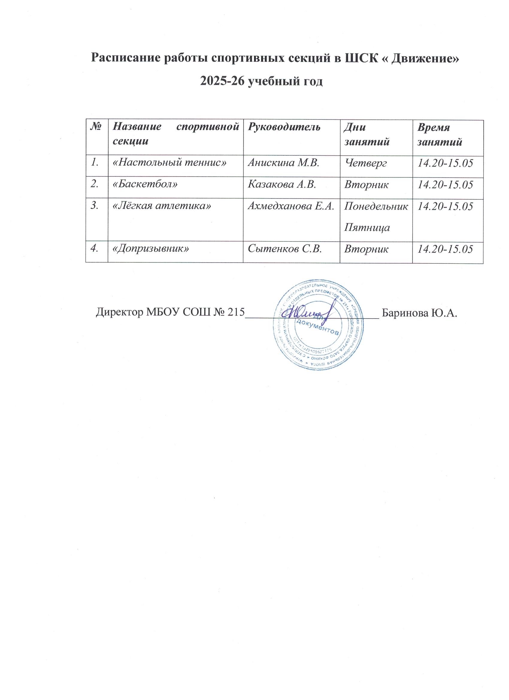 Расписание работы секций